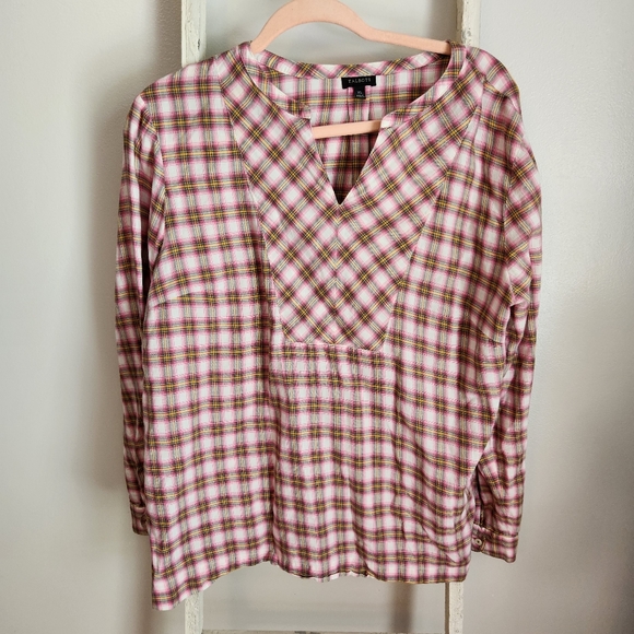 Talbots Tops - Talbots XL pink white yellow plaid long sleeve vneck top